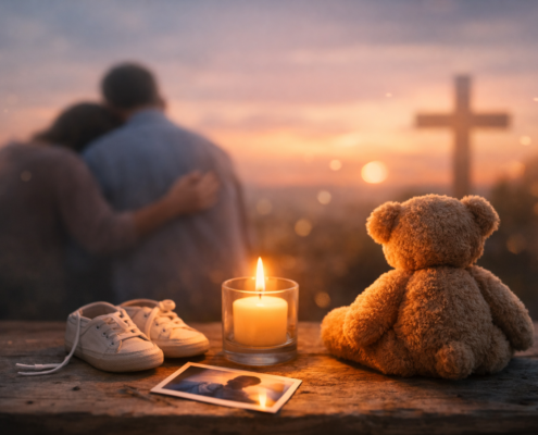 Trauernde Eltern im Hintergrund, eine Kerze und ein Teddybär im Vordergrund