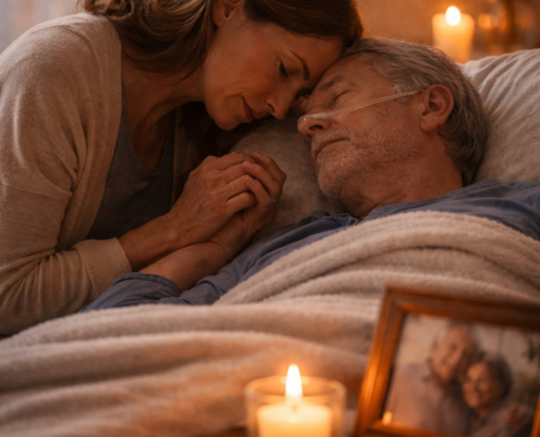 Frau sitzt nebem dem Bett des sterbenden Mannes